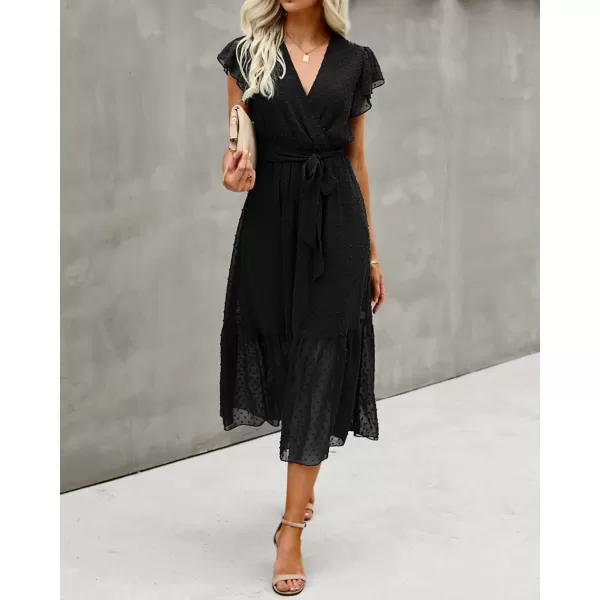 BTFBM Women Summer Bohemian Floral Casual Wrap V Neck Ruffle Cap Sleeveless Belt ALine Pleated Hem Midi Sun Dress WhiteSwiss Dot Black