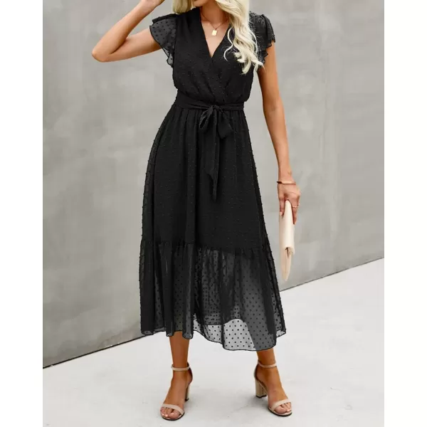 BTFBM Women Summer Bohemian Floral Casual Wrap V Neck Ruffle Cap Sleeveless Belt ALine Pleated Hem Midi Sun Dress WhiteSwiss Dot Black