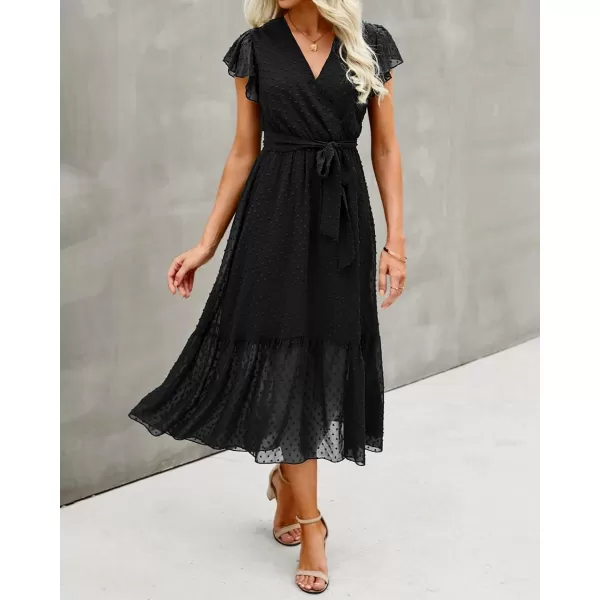 BTFBM Women Summer Bohemian Floral Casual Wrap V Neck Ruffle Cap Sleeveless Belt ALine Pleated Hem Midi Sun Dress WhiteSwiss Dot Black