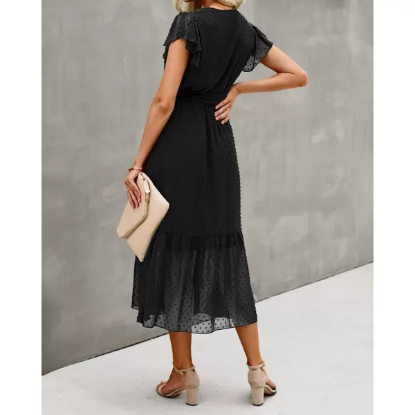 BTFBM Women Summer Bohemian Floral Casual Wrap V Neck Ruffle Cap Sleeveless Belt ALine Pleated Hem Midi Sun Dress WhiteSwiss Dot Black