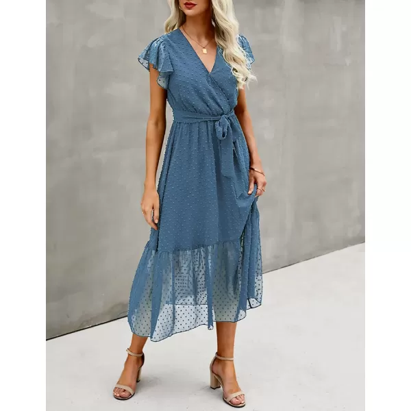BTFBM Women Summer Bohemian Floral Casual Wrap V Neck Ruffle Cap Sleeveless Belt ALine Pleated Hem Midi Sun Dress WhiteSwiss Dot Grey Blue