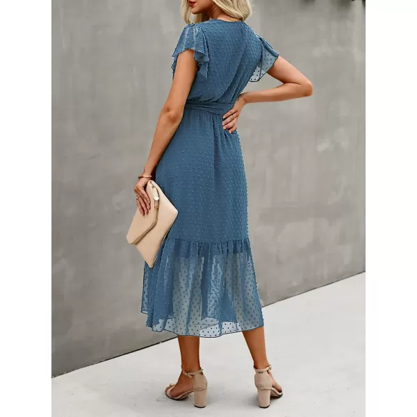 BTFBM Women Summer Bohemian Floral Casual Wrap V Neck Ruffle Cap Sleeveless Belt ALine Pleated Hem Midi Sun Dress WhiteSwiss Dot Grey Blue