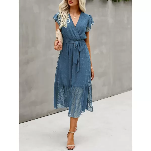 BTFBM Women Summer Bohemian Floral Casual Wrap V Neck Ruffle Cap Sleeveless Belt ALine Pleated Hem Midi Sun Dress WhiteSwiss Dot Grey Blue