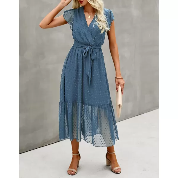 BTFBM Women Summer Bohemian Floral Casual Wrap V Neck Ruffle Cap Sleeveless Belt ALine Pleated Hem Midi Sun Dress WhiteSwiss Dot Grey Blue