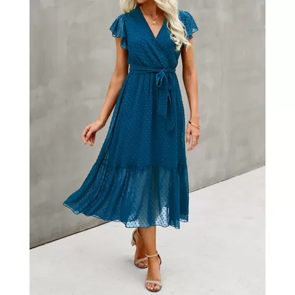 BTFBM Women Summer Bohemian Floral Casual Wrap V Neck Ruffle Cap Sleeveless Belt ALine Pleated Hem Midi Sun Dress WhiteSwiss Dot Lake Blue