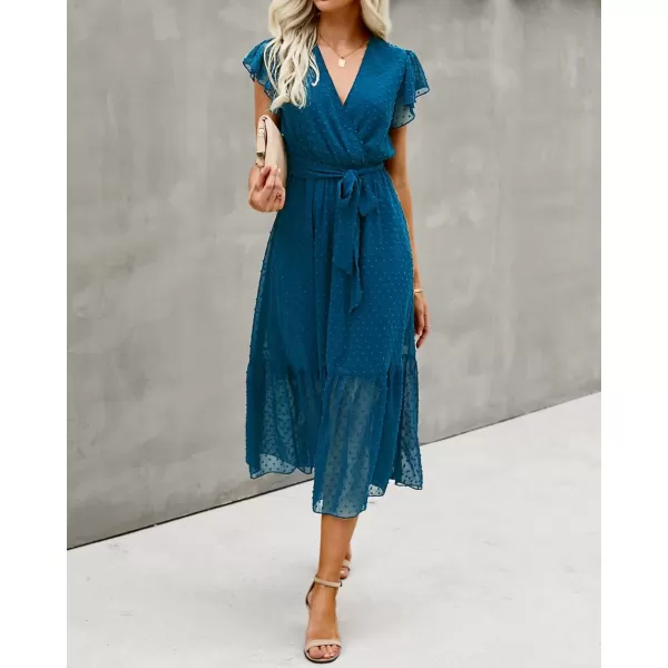 BTFBM Women Summer Bohemian Floral Casual Wrap V Neck Ruffle Cap Sleeveless Belt ALine Pleated Hem Midi Sun Dress WhiteSwiss Dot Lake Blue