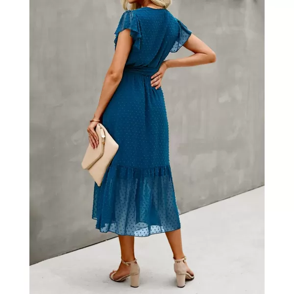 BTFBM Women Summer Bohemian Floral Casual Wrap V Neck Ruffle Cap Sleeveless Belt ALine Pleated Hem Midi Sun Dress WhiteSwiss Dot Lake Blue