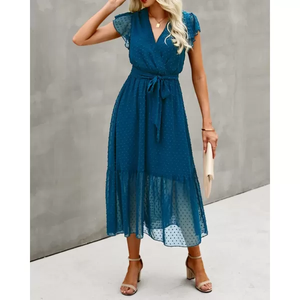 BTFBM Women Summer Bohemian Floral Casual Wrap V Neck Ruffle Cap Sleeveless Belt ALine Pleated Hem Midi Sun Dress WhiteSwiss Dot Lake Blue