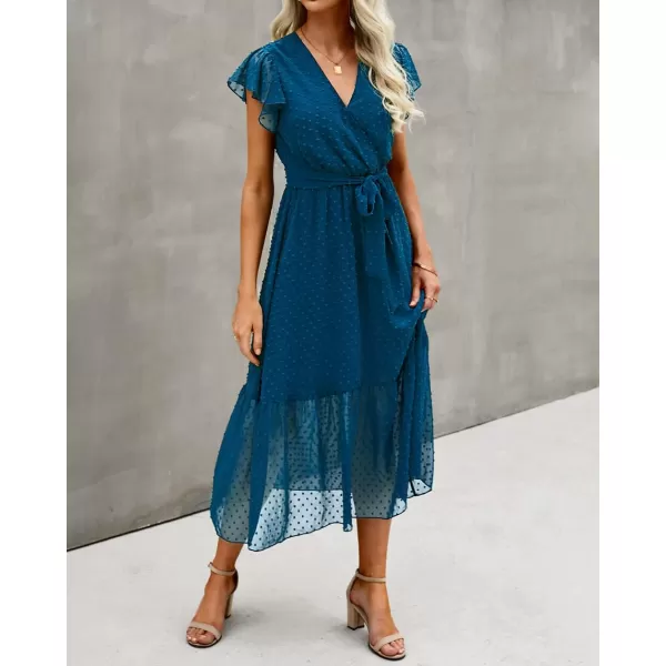 BTFBM Women Summer Bohemian Floral Casual Wrap V Neck Ruffle Cap Sleeveless Belt ALine Pleated Hem Midi Sun Dress WhiteSwiss Dot Lake Blue