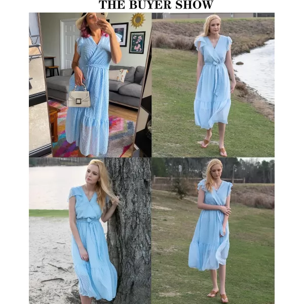 BTFBM Women Summer Bohemian Floral Casual Wrap V Neck Ruffle Cap Sleeveless Belt ALine Pleated Hem Midi Sun Dress WhiteSwiss Dot Light Blue