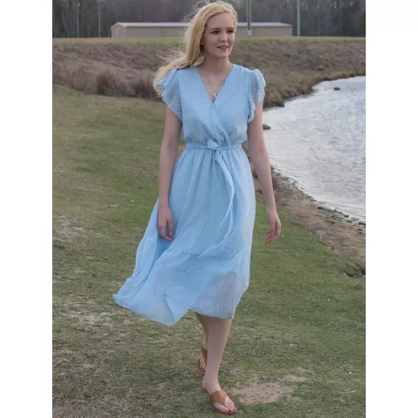 BTFBM Women Summer Bohemian Floral Casual Wrap V Neck Ruffle Cap Sleeveless Belt ALine Pleated Hem Midi Sun Dress WhiteSwiss Dot Light Blue