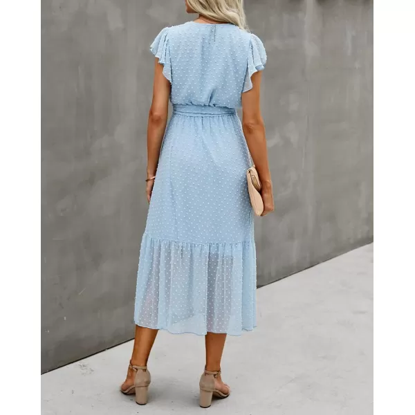 BTFBM Women Summer Bohemian Floral Casual Wrap V Neck Ruffle Cap Sleeveless Belt ALine Pleated Hem Midi Sun Dress WhiteSwiss Dot Light Blue