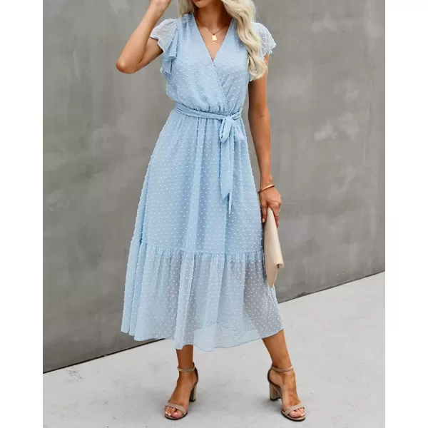 BTFBM Women Summer Bohemian Floral Casual Wrap V Neck Ruffle Cap Sleeveless Belt ALine Pleated Hem Midi Sun Dress WhiteSwiss Dot Light Blue