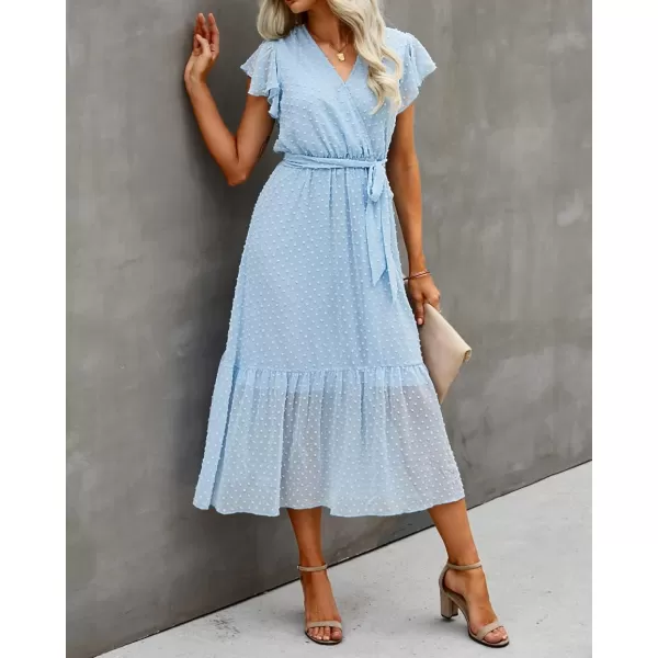 BTFBM Women Summer Bohemian Floral Casual Wrap V Neck Ruffle Cap Sleeveless Belt ALine Pleated Hem Midi Sun Dress WhiteSwiss Dot Light Blue