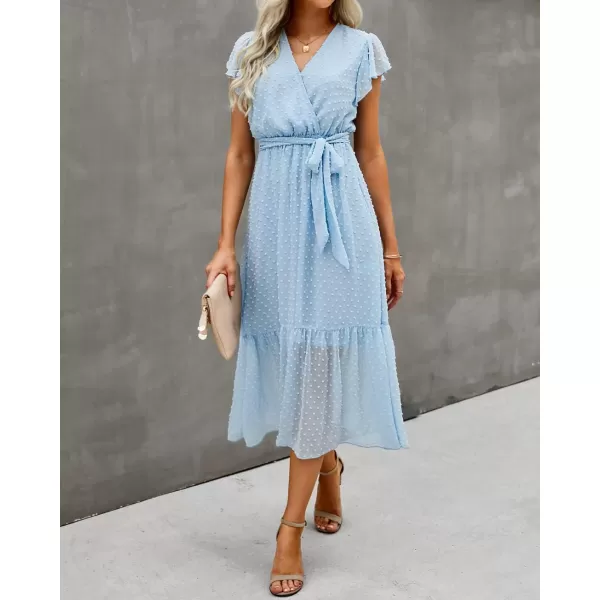 BTFBM Women Summer Bohemian Floral Casual Wrap V Neck Ruffle Cap Sleeveless Belt ALine Pleated Hem Midi Sun Dress WhiteSwiss Dot Light Blue