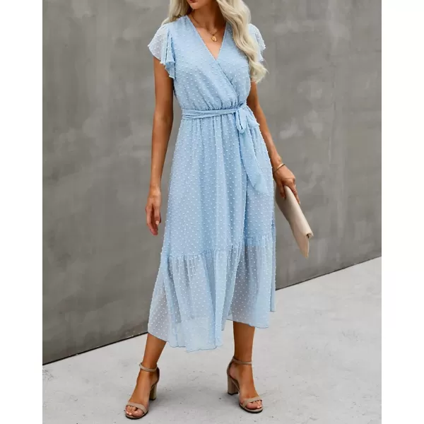 BTFBM Women Summer Bohemian Floral Casual Wrap V Neck Ruffle Cap Sleeveless Belt ALine Pleated Hem Midi Sun Dress WhiteSwiss Dot Light Blue