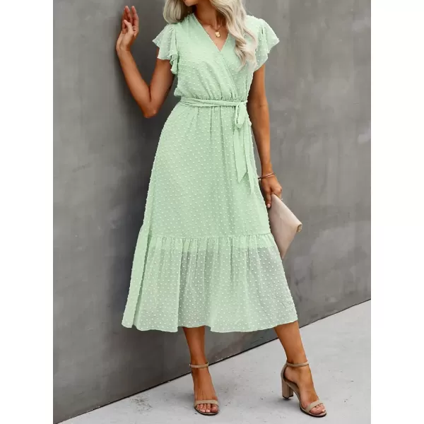 BTFBM Women Summer Bohemian Floral Casual Wrap V Neck Ruffle Cap Sleeveless Belt ALine Pleated Hem Midi Sun Dress WhiteSwiss Dot Light Green