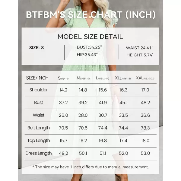 BTFBM Women Summer Bohemian Floral Casual Wrap V Neck Ruffle Cap Sleeveless Belt ALine Pleated Hem Midi Sun Dress WhiteSwiss Dot Light Green