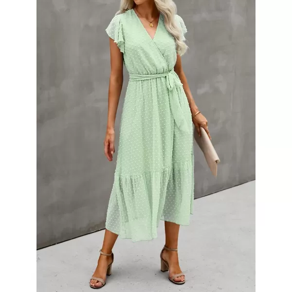 BTFBM Women Summer Bohemian Floral Casual Wrap V Neck Ruffle Cap Sleeveless Belt ALine Pleated Hem Midi Sun Dress WhiteSwiss Dot Light Green
