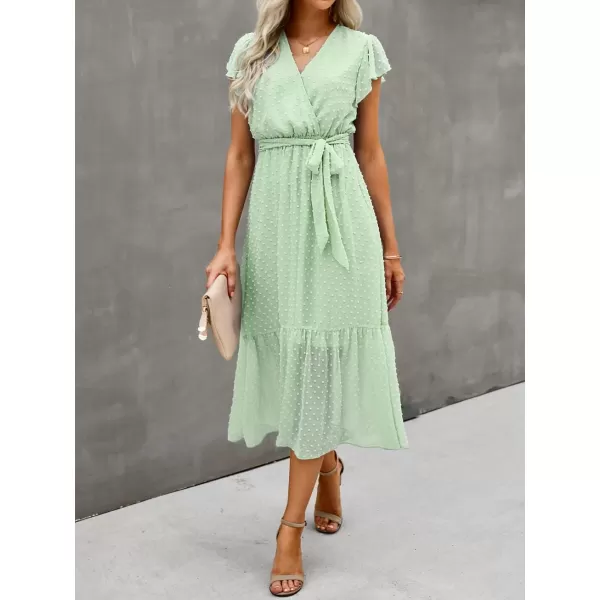 BTFBM Women Summer Bohemian Floral Casual Wrap V Neck Ruffle Cap Sleeveless Belt ALine Pleated Hem Midi Sun Dress WhiteSwiss Dot Light Green