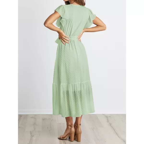 BTFBM Women Summer Bohemian Floral Casual Wrap V Neck Ruffle Cap Sleeveless Belt ALine Pleated Hem Midi Sun Dress WhiteSwiss Dot Light Green