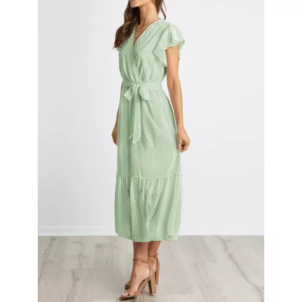BTFBM Women Summer Bohemian Floral Casual Wrap V Neck Ruffle Cap Sleeveless Belt ALine Pleated Hem Midi Sun Dress WhiteSwiss Dot Light Green