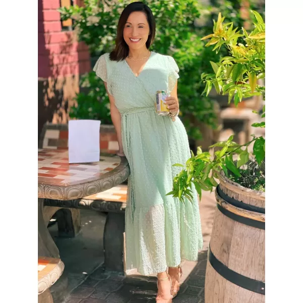 BTFBM Women Summer Bohemian Floral Casual Wrap V Neck Ruffle Cap Sleeveless Belt ALine Pleated Hem Midi Sun Dress WhiteSwiss Dot Light Green