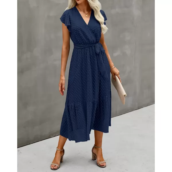 BTFBM Women Summer Bohemian Floral Casual Wrap V Neck Ruffle Cap Sleeveless Belt ALine Pleated Hem Midi Sun Dress WhiteSwiss Dot Navy