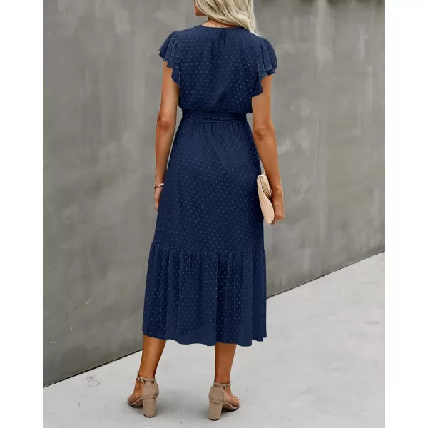 BTFBM Women Summer Bohemian Floral Casual Wrap V Neck Ruffle Cap Sleeveless Belt ALine Pleated Hem Midi Sun Dress WhiteSwiss Dot Navy
