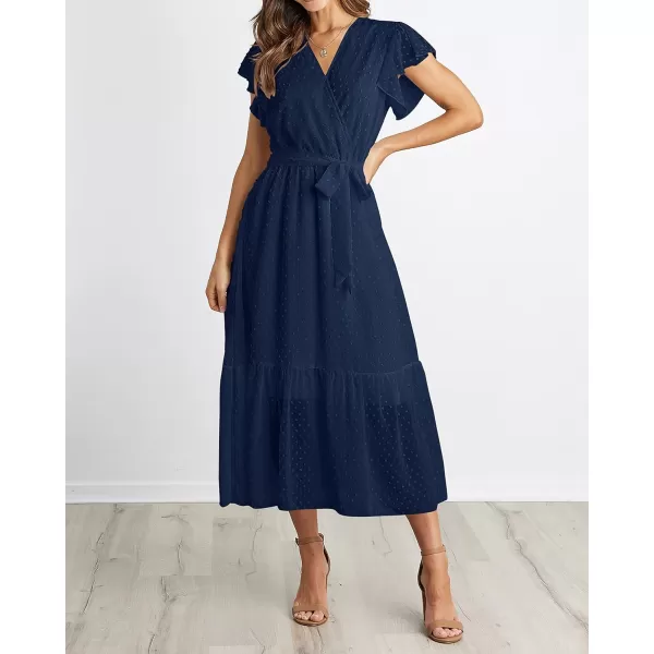 BTFBM Women Summer Bohemian Floral Casual Wrap V Neck Ruffle Cap Sleeveless Belt ALine Pleated Hem Midi Sun Dress WhiteSwiss Dot Navy