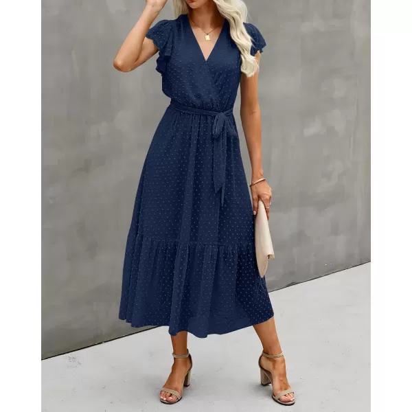 BTFBM Women Summer Bohemian Floral Casual Wrap V Neck Ruffle Cap Sleeveless Belt ALine Pleated Hem Midi Sun Dress WhiteSwiss Dot Navy