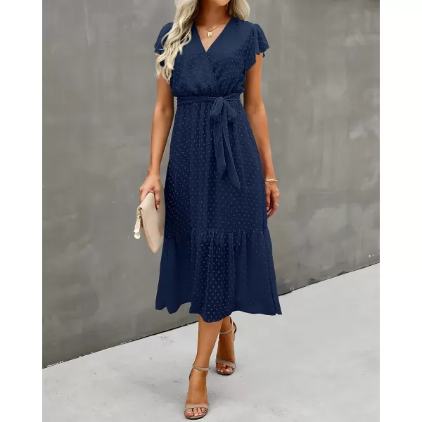 BTFBM Women Summer Bohemian Floral Casual Wrap V Neck Ruffle Cap Sleeveless Belt ALine Pleated Hem Midi Sun Dress WhiteSwiss Dot Navy