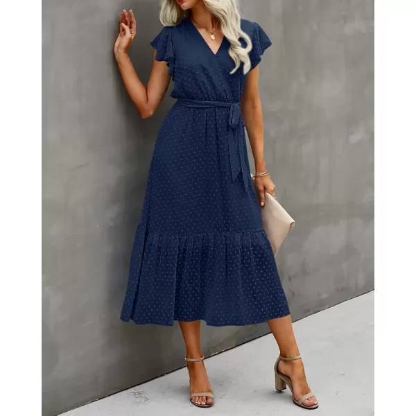 BTFBM Women Summer Bohemian Floral Casual Wrap V Neck Ruffle Cap Sleeveless Belt ALine Pleated Hem Midi Sun Dress WhiteSwiss Dot Navy