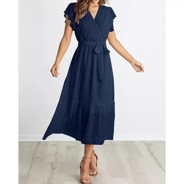 BTFBM Women Summer Bohemian Floral Casual Wrap V Neck Ruffle Cap Sleeveless Belt ALine Pleated Hem Midi Sun Dress WhiteSwiss Dot Navy