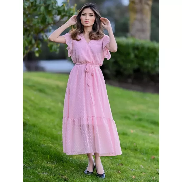 BTFBM Women Summer Bohemian Floral Casual Wrap V Neck Ruffle Cap Sleeveless Belt ALine Pleated Hem Midi Sun Dress WhiteSwiss Dot Pink