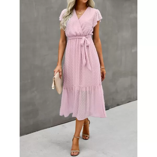 BTFBM Women Summer Bohemian Floral Casual Wrap V Neck Ruffle Cap Sleeveless Belt ALine Pleated Hem Midi Sun Dress WhiteSwiss Dot Pink