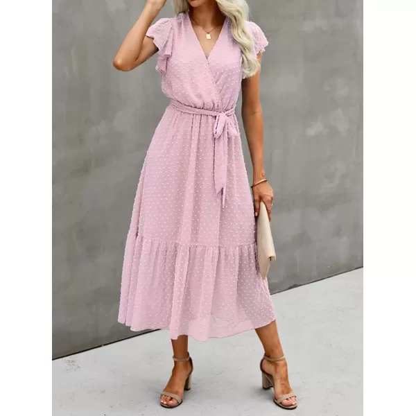 BTFBM Women Summer Bohemian Floral Casual Wrap V Neck Ruffle Cap Sleeveless Belt ALine Pleated Hem Midi Sun Dress WhiteSwiss Dot Pink