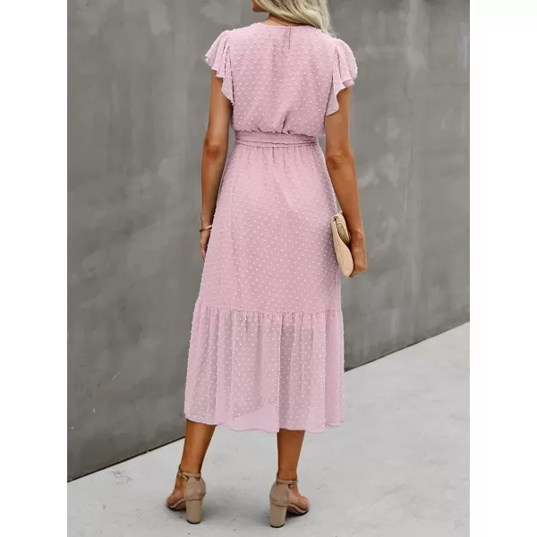 BTFBM Women Summer Bohemian Floral Casual Wrap V Neck Ruffle Cap Sleeveless Belt ALine Pleated Hem Midi Sun Dress WhiteSwiss Dot Pink