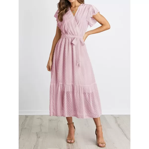 BTFBM Women Summer Bohemian Floral Casual Wrap V Neck Ruffle Cap Sleeveless Belt ALine Pleated Hem Midi Sun Dress WhiteSwiss Dot Pink