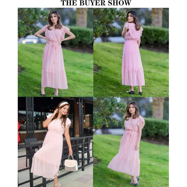 BTFBM Women Summer Bohemian Floral Casual Wrap V Neck Ruffle Cap Sleeveless Belt ALine Pleated Hem Midi Sun Dress WhiteSwiss Dot Pink