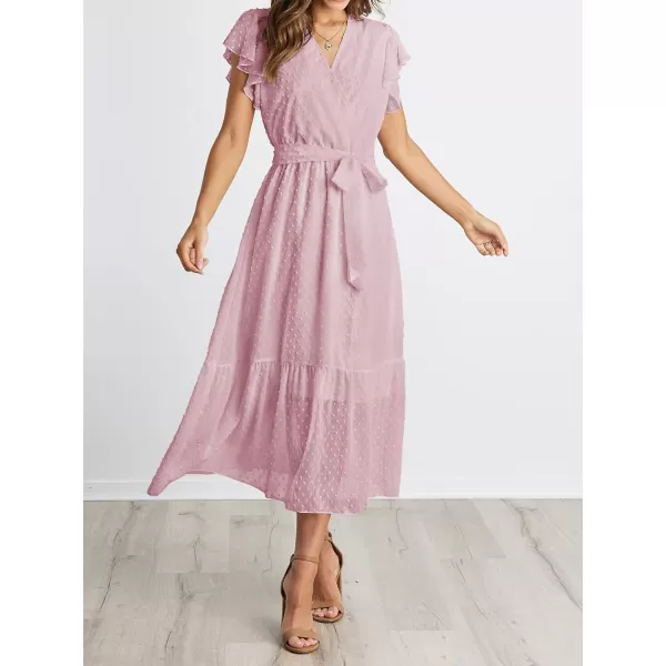 BTFBM Women Summer Bohemian Floral Casual Wrap V Neck Ruffle Cap Sleeveless Belt ALine Pleated Hem Midi Sun Dress WhiteSwiss Dot Pink