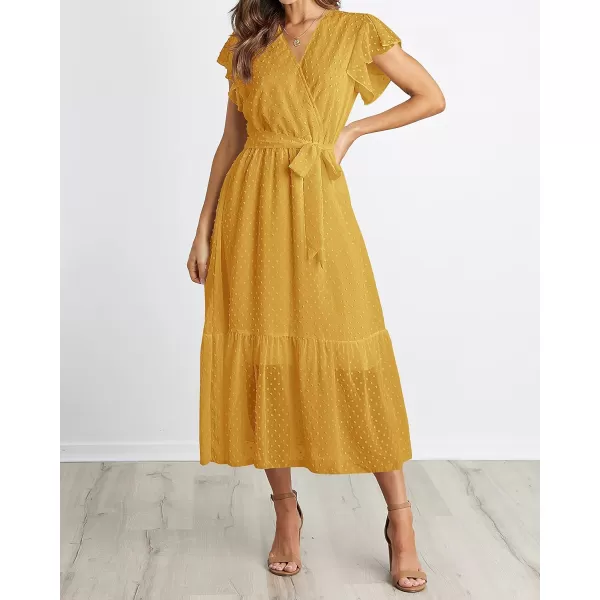 BTFBM Women Summer Bohemian Floral Casual Wrap V Neck Ruffle Cap Sleeveless Belt ALine Pleated Hem Midi Sun Dress WhiteSwiss Dot Turmeric