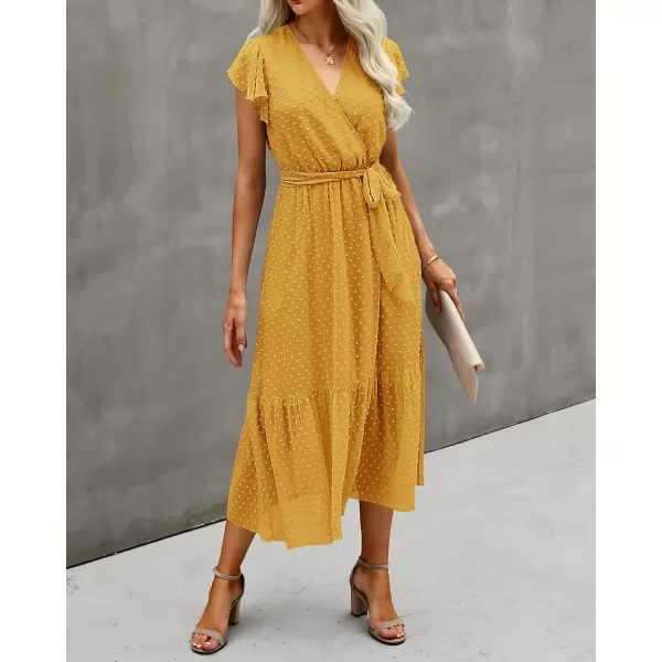 BTFBM Women Summer Bohemian Floral Casual Wrap V Neck Ruffle Cap Sleeveless Belt ALine Pleated Hem Midi Sun Dress WhiteSwiss Dot Turmeric