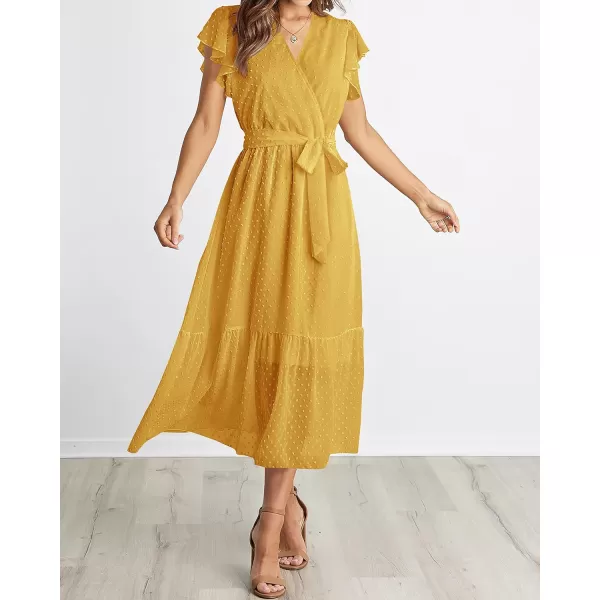 BTFBM Women Summer Bohemian Floral Casual Wrap V Neck Ruffle Cap Sleeveless Belt ALine Pleated Hem Midi Sun Dress WhiteSwiss Dot Turmeric
