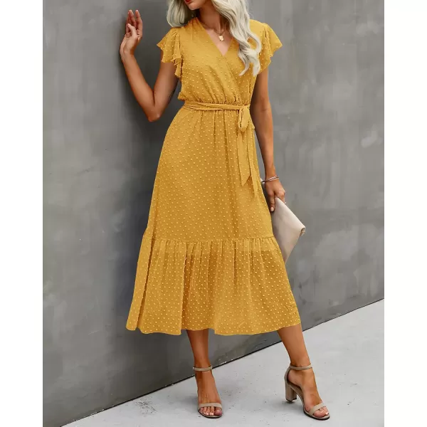BTFBM Women Summer Bohemian Floral Casual Wrap V Neck Ruffle Cap Sleeveless Belt ALine Pleated Hem Midi Sun Dress WhiteSwiss Dot Turmeric
