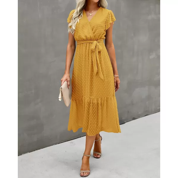 BTFBM Women Summer Bohemian Floral Casual Wrap V Neck Ruffle Cap Sleeveless Belt ALine Pleated Hem Midi Sun Dress WhiteSwiss Dot Turmeric