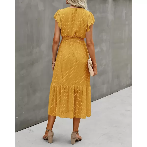 BTFBM Women Summer Bohemian Floral Casual Wrap V Neck Ruffle Cap Sleeveless Belt ALine Pleated Hem Midi Sun Dress WhiteSwiss Dot Turmeric
