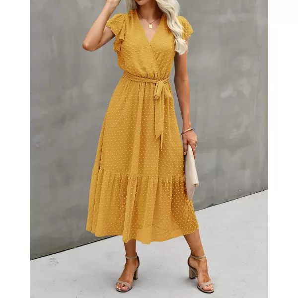 BTFBM Women Summer Bohemian Floral Casual Wrap V Neck Ruffle Cap Sleeveless Belt ALine Pleated Hem Midi Sun Dress WhiteSwiss Dot Turmeric