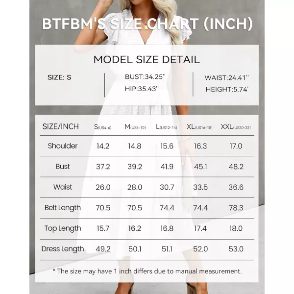 BTFBM Women Summer Bohemian Floral Casual Wrap V Neck Ruffle Cap Sleeveless Belt ALine Pleated Hem Midi Sun Dress WhiteSwiss Dot White