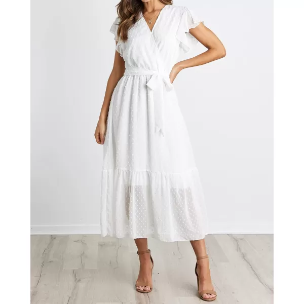 BTFBM Women Summer Bohemian Floral Casual Wrap V Neck Ruffle Cap Sleeveless Belt ALine Pleated Hem Midi Sun Dress WhiteSwiss Dot White